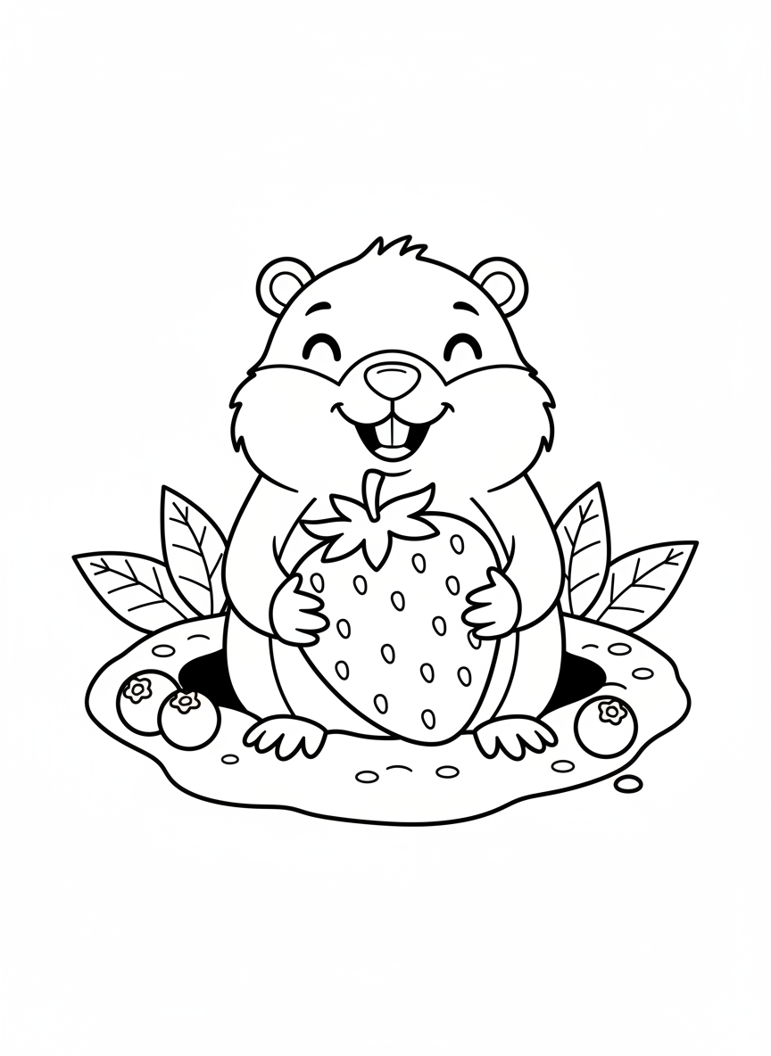 Happy Groundhog with Giant Strawberry Coloring Page