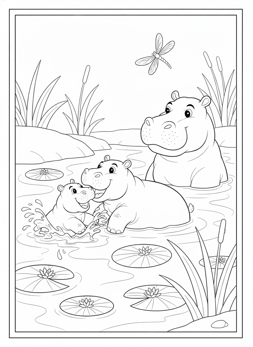 Happy Hippo Family Splash Time Coloring Page