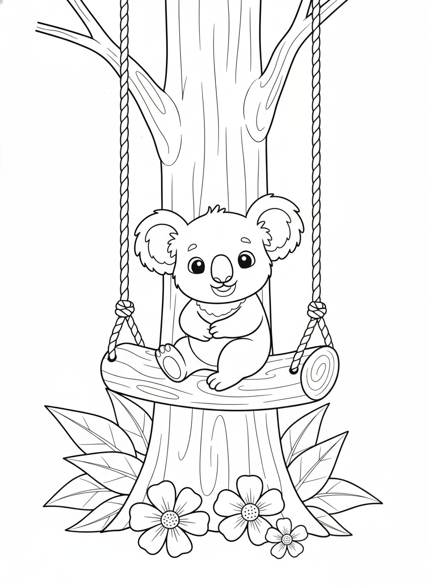 Happy Koala on a Eucalyptus Swing Coloring Page