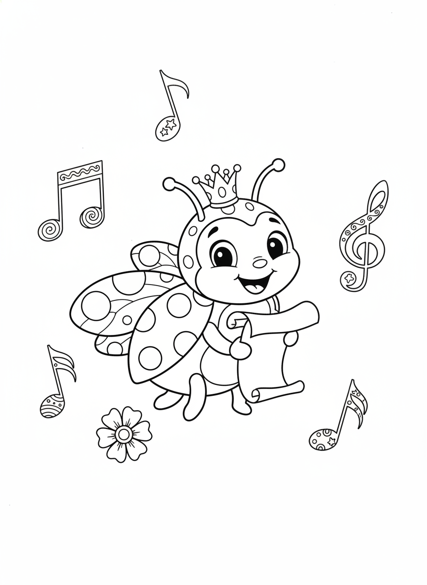Happy Ladybug with Crown & Music Scroll