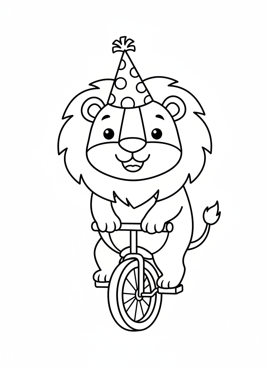 快樂獅子騎獨輪車兒童著色頁