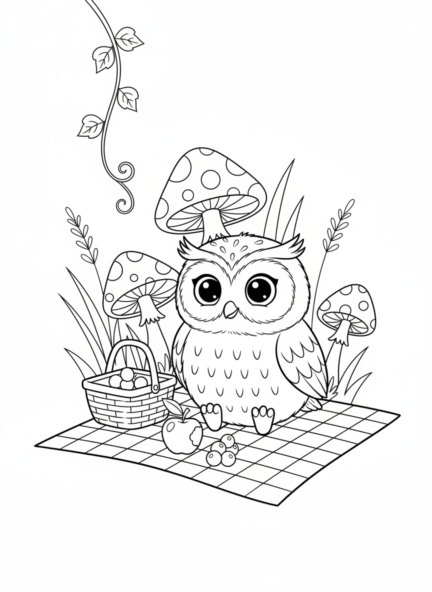 Happy Mini Owl Picnic Coloring Page for Kids