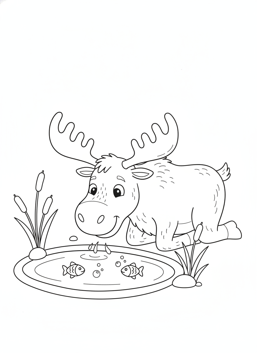 Happy Moose by the Pond Coloring Page for Kids