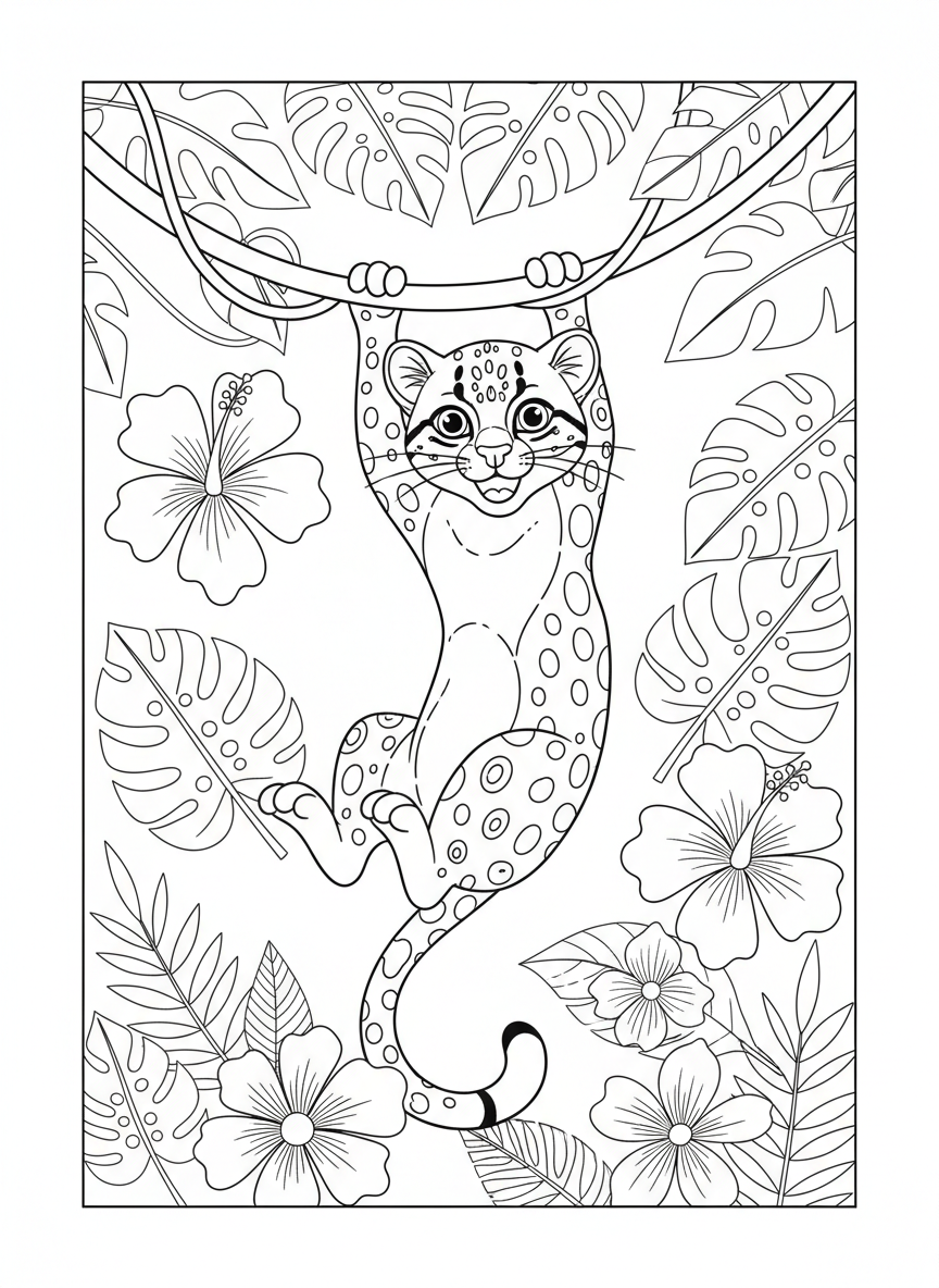 Happy Ocelot Swinging in Rainforest