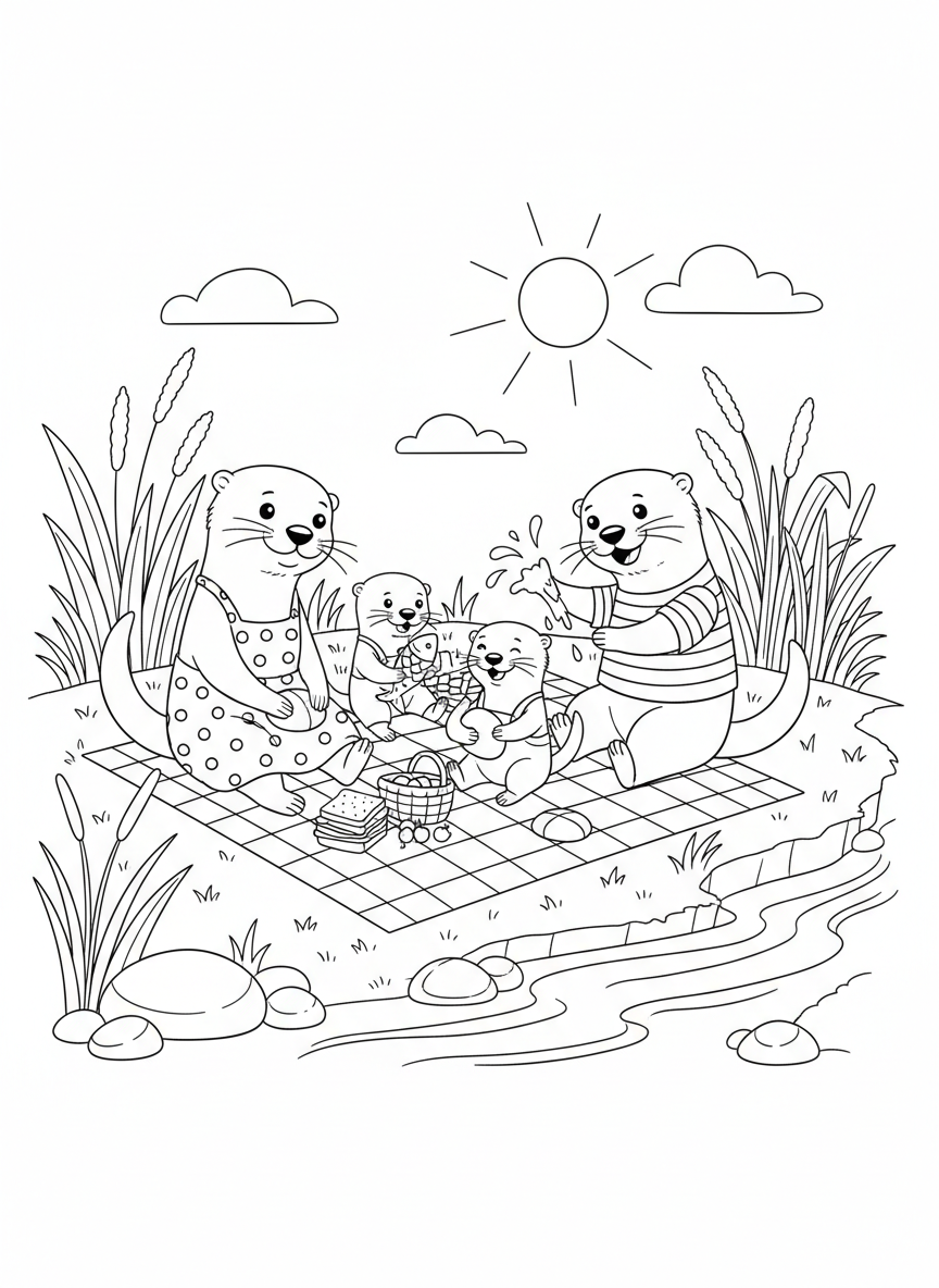 Happy Otter Family Picnic Coloring Page