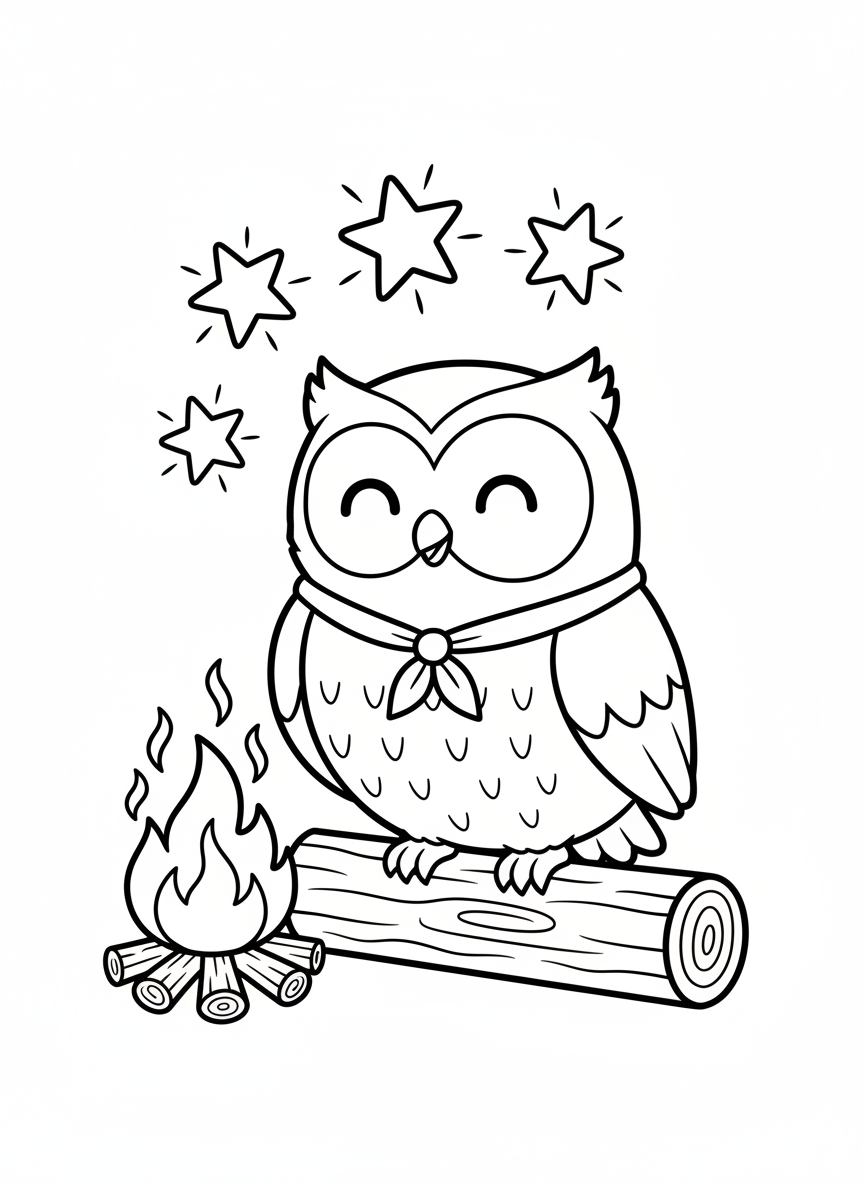 Happy Owl & Campfire Coloring Page