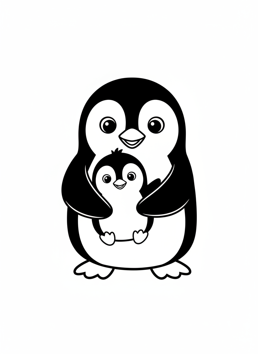Happy Parent & Baby Penguin Coloring Page