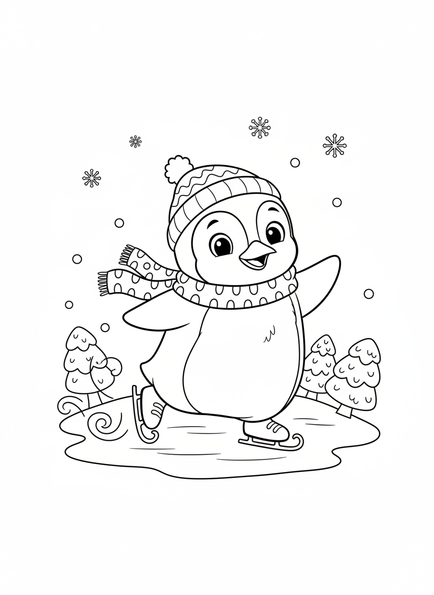 Happy Penguin Ice Skating Fun Coloring Page