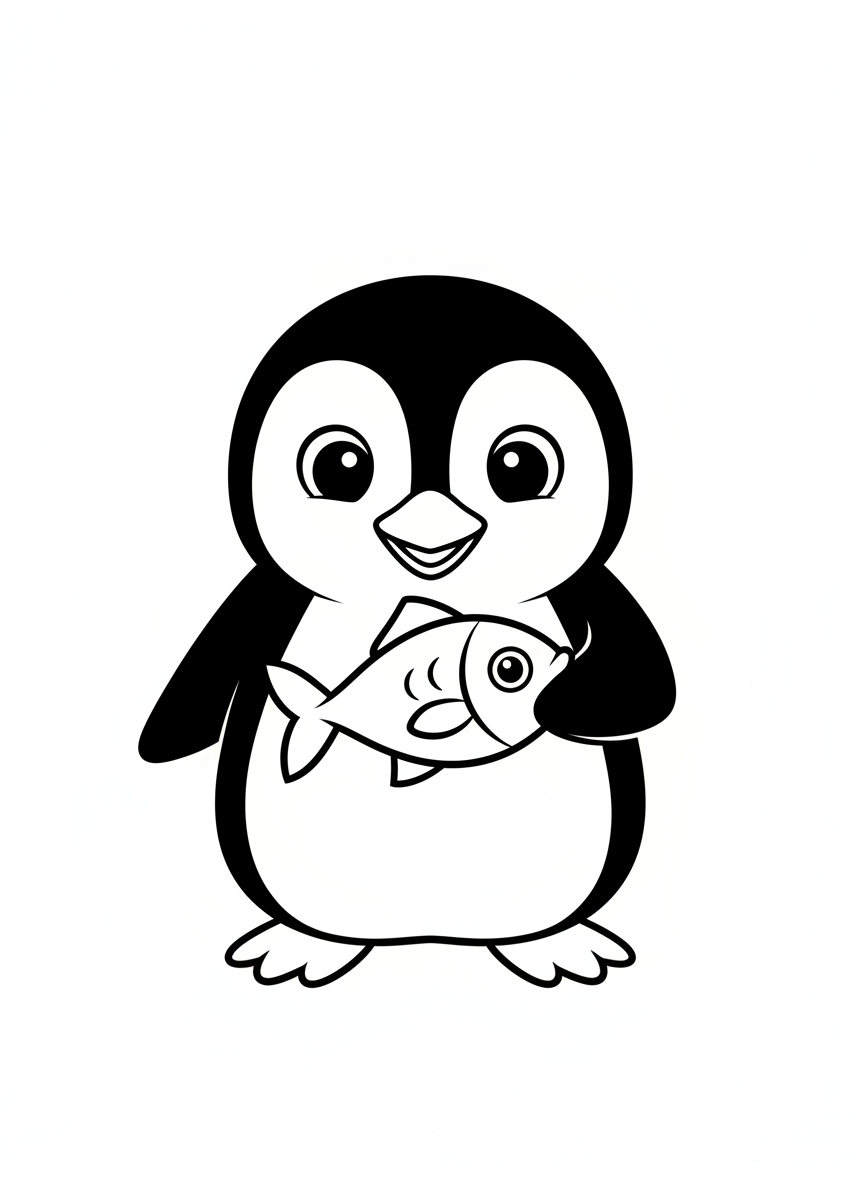 Happy Penguin with Fish Coloring Page