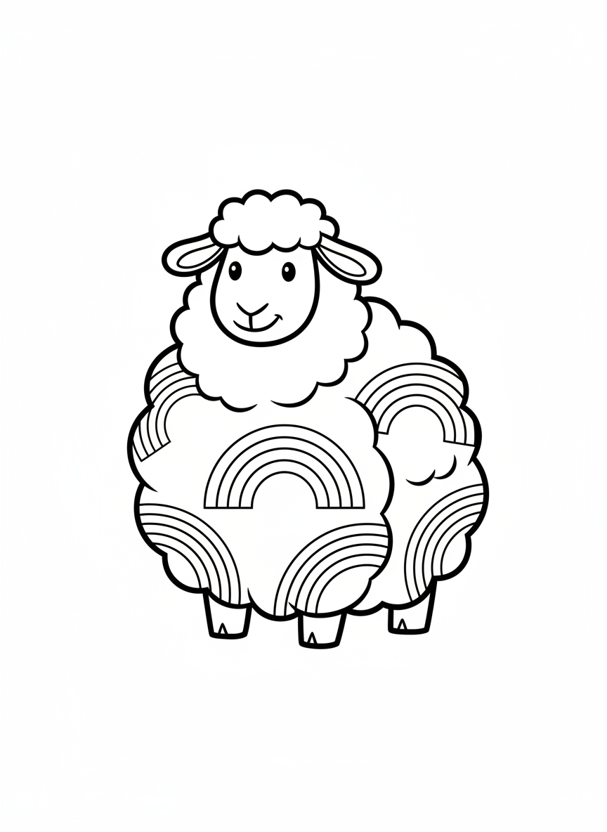 Happy Sheep with Rainbow Wool Kids Coloring Page