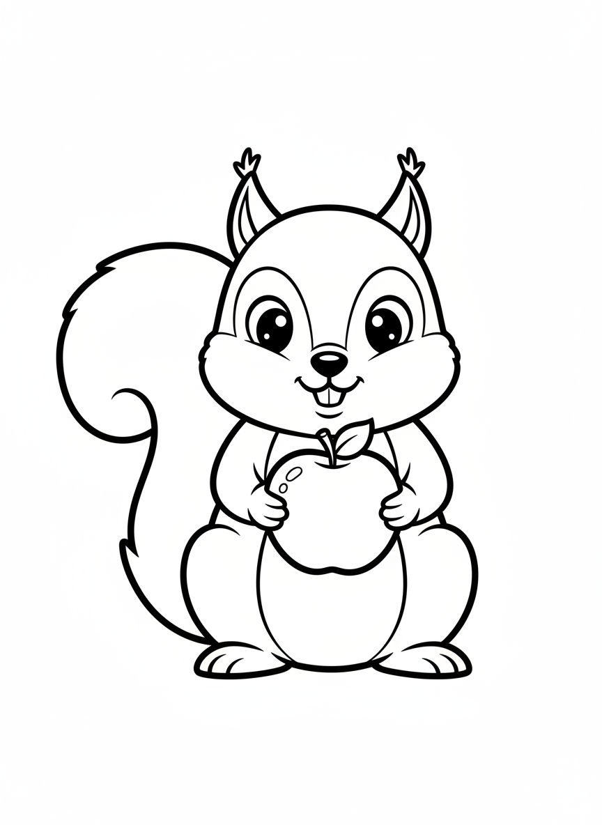 Happy Squirrel with Apple Coloring Page