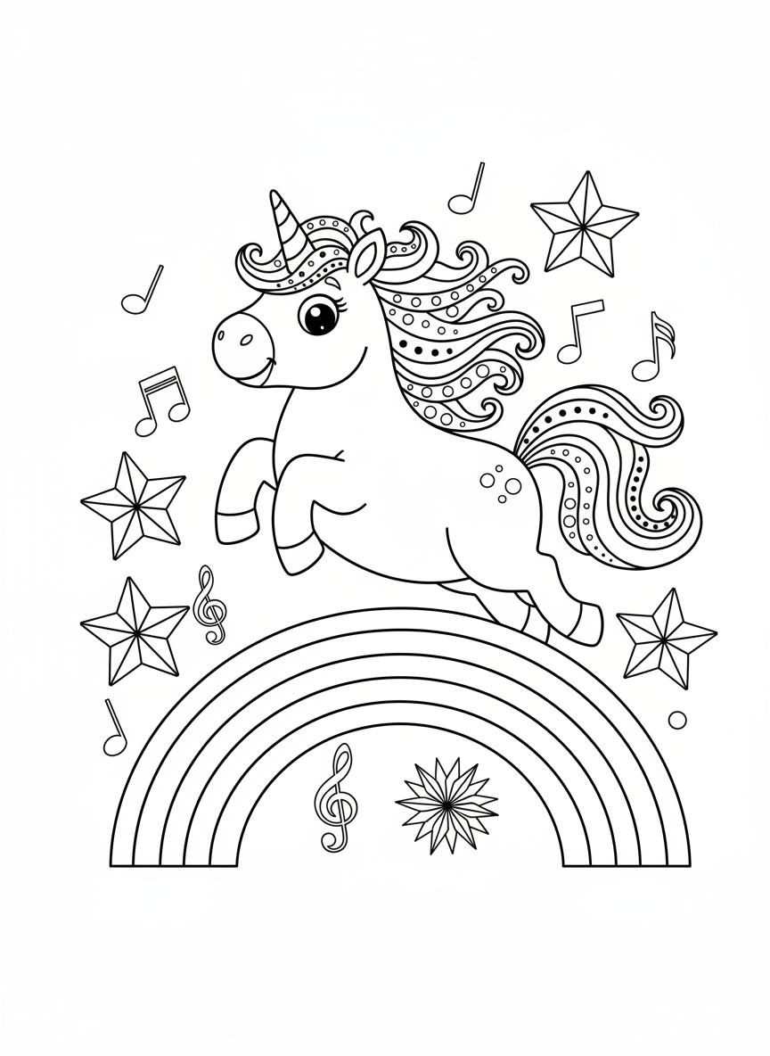 Happy Unicorn Leaping Over Rainbow Coloring Page