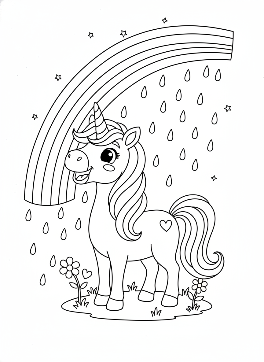 Happy Unicorn & Rainbow Coloring Page