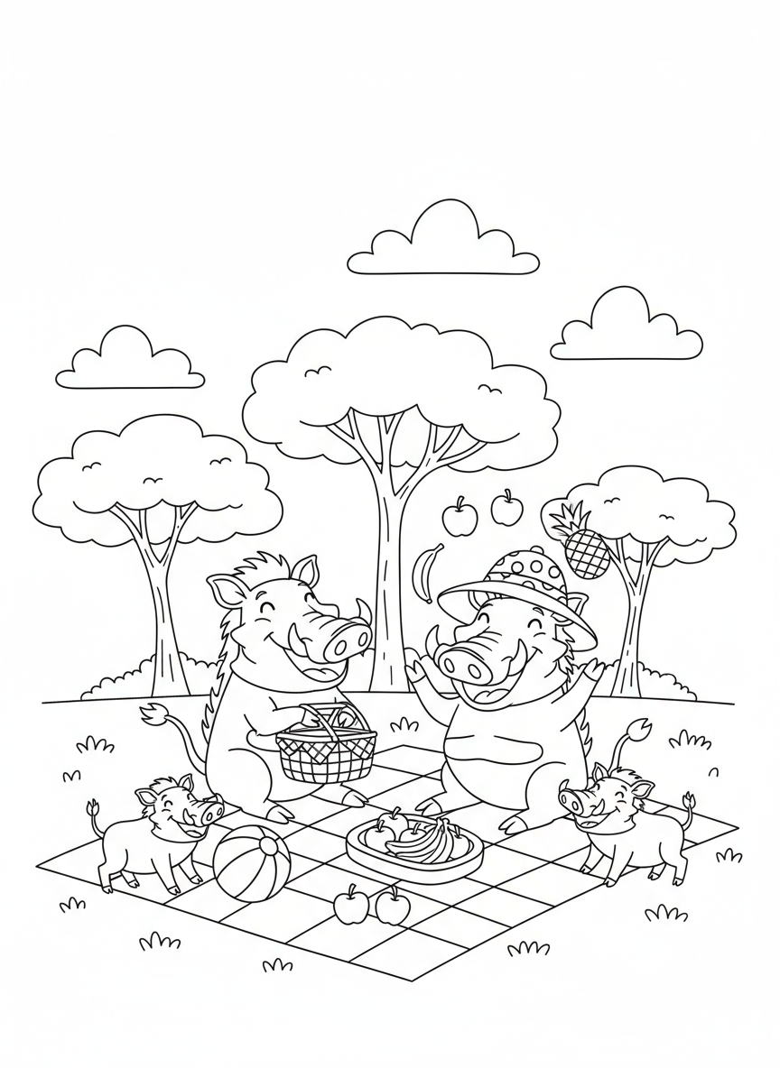 Happy Warthog Family Picnic Coloring Page