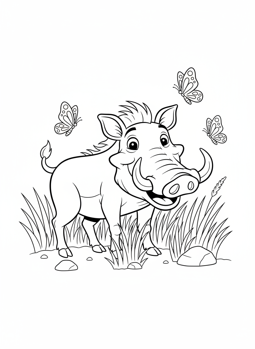 Happy Warthog in Savanna Coloring Page