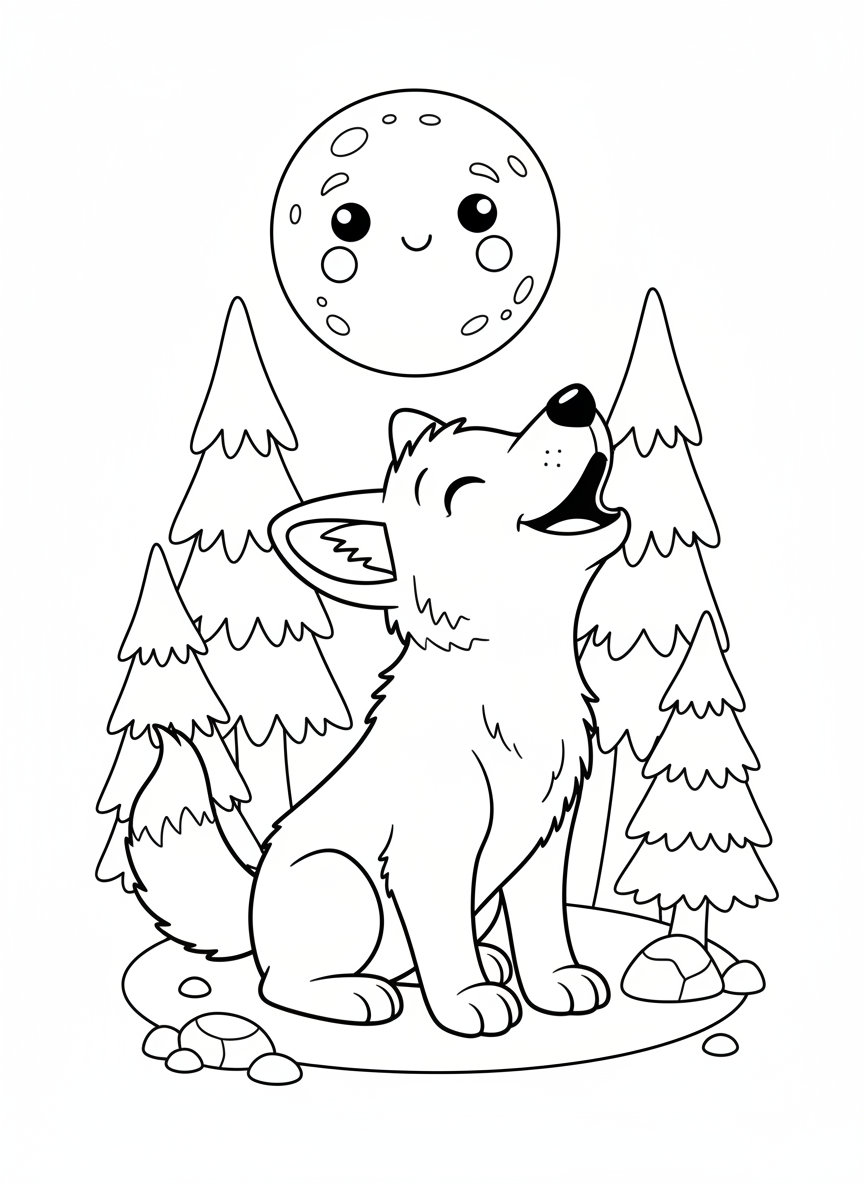 Happy Wolf Pup Howls at Cartoon Moon