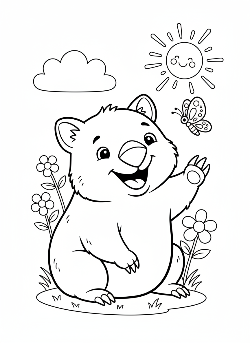 Happy Wombat & Butterfly Fun Coloring Page