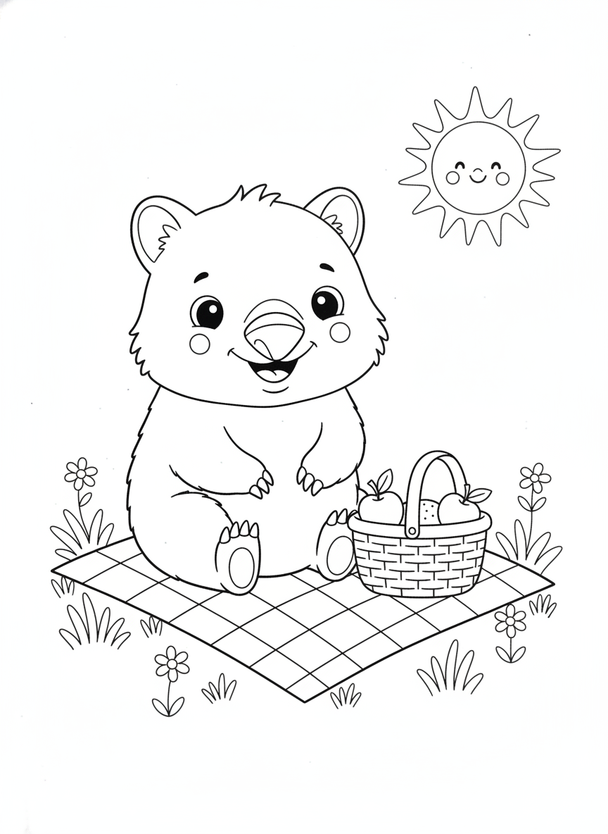 Happy Wombat Picnic: A Delightful Kids' Coloring Page