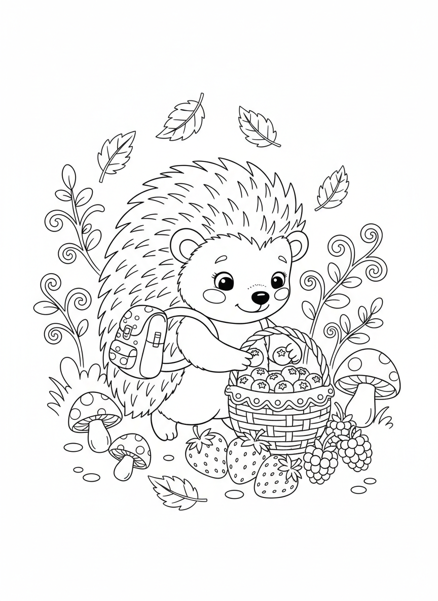Hedgehog Berry Picking Adventure Coloring Page