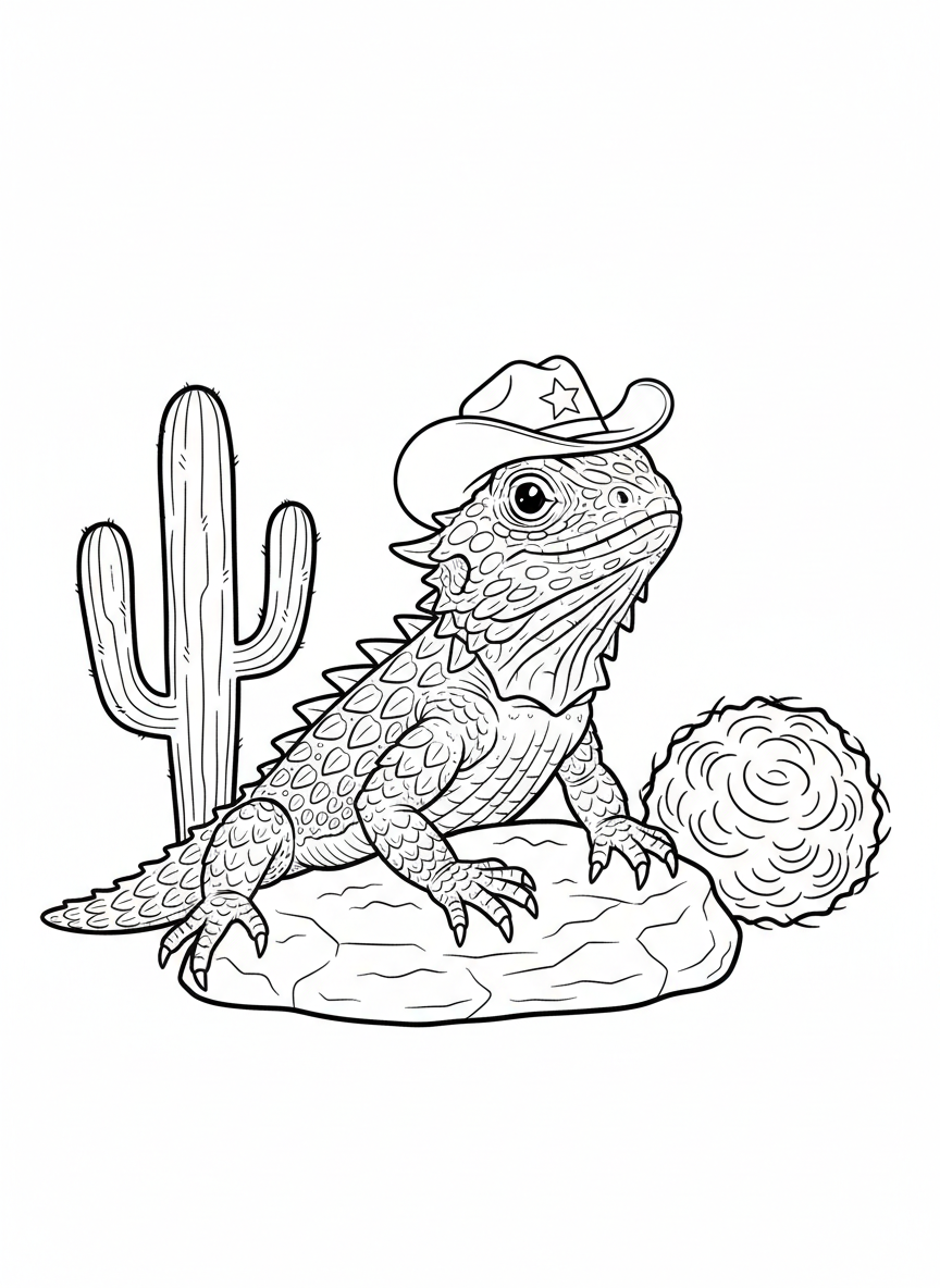 Horned Lizard Cowboy Coloring Page for Kids