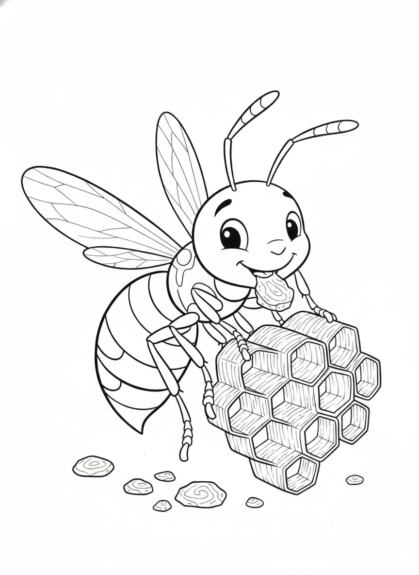 Industrious Paper Wasp Building Its Hexagonal Nest Coloring Page