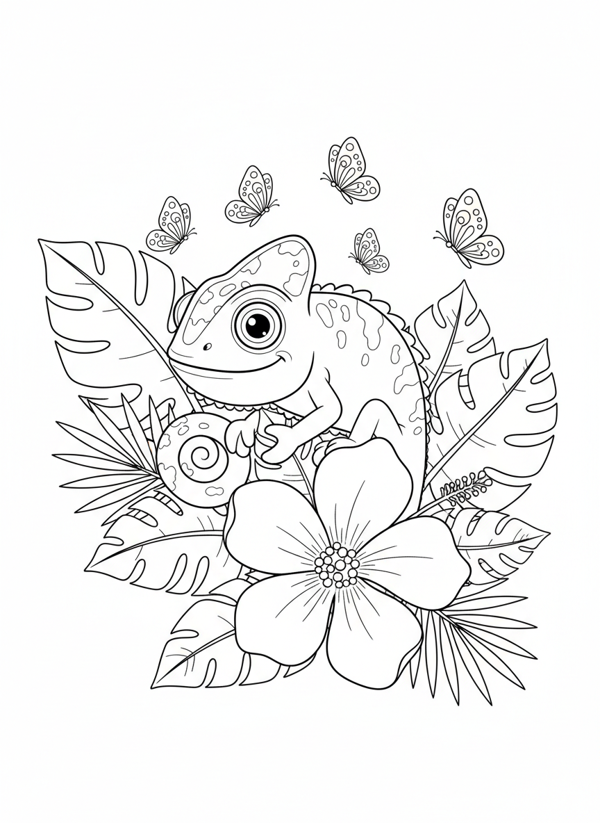Joyful Chameleon Hiding in Jungle Leaves Coloring Page