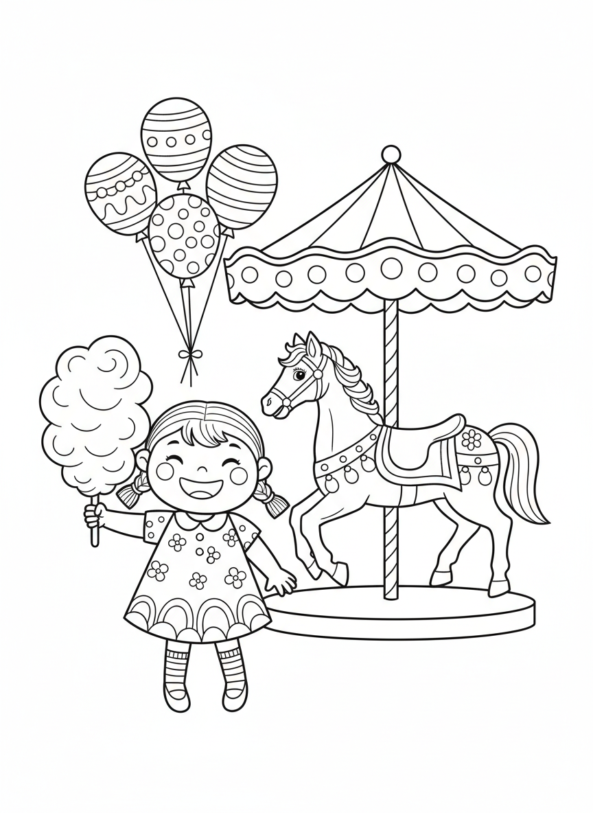 Joyful Child with Cotton Candy and Carousel Horse Coloring Page