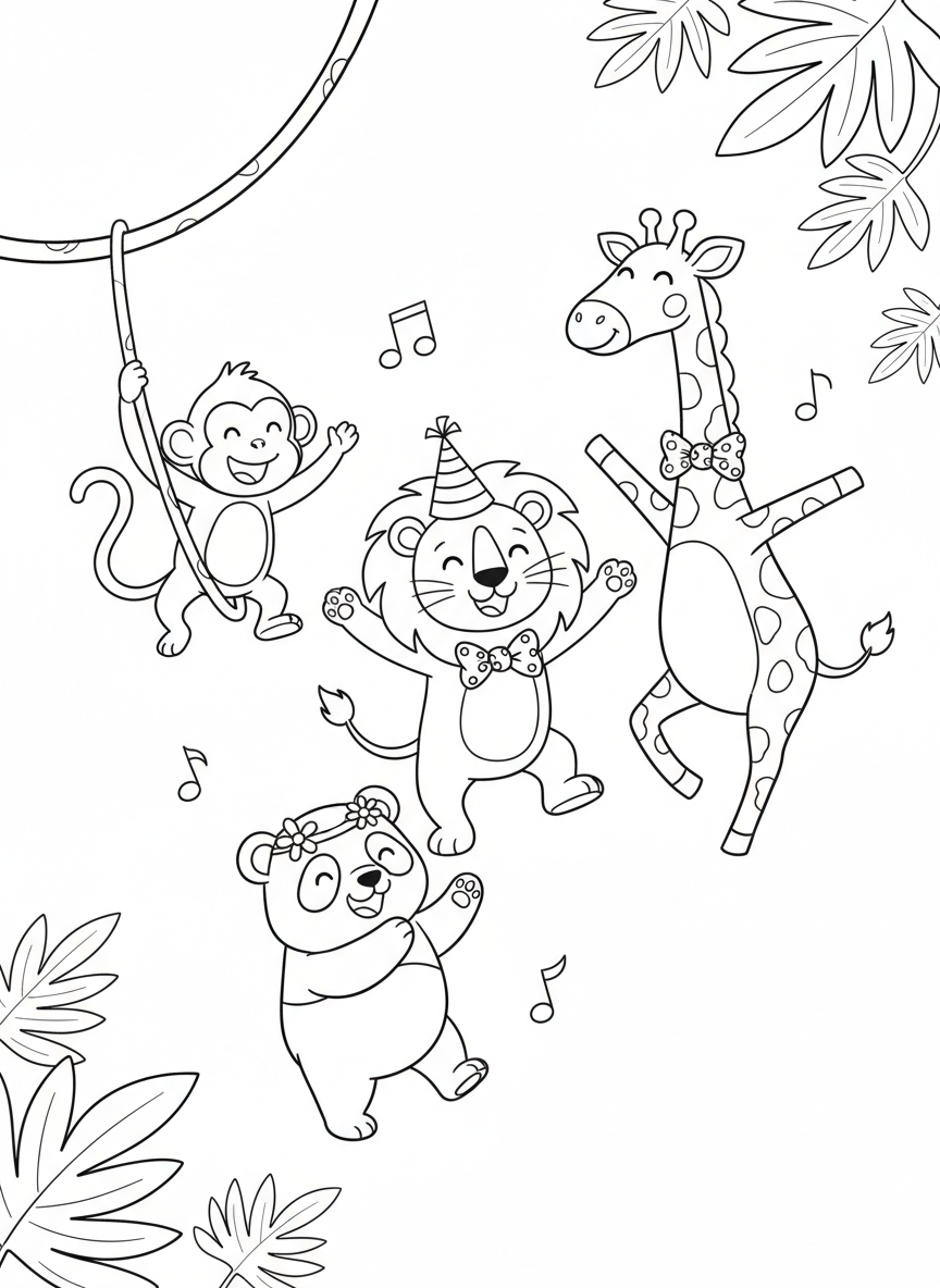 Joyful Jungle Animal Dance Party Coloring Page