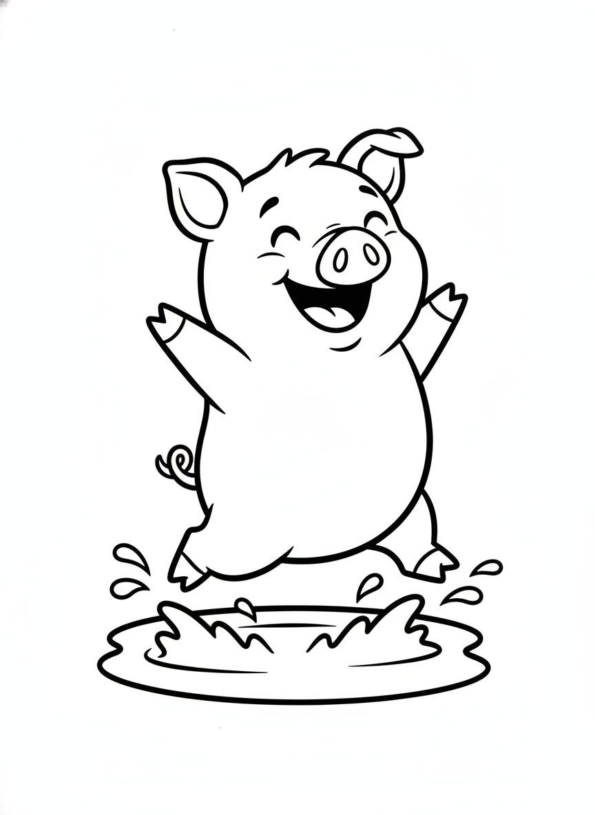 Joyful Pig in Mud Puddle: Fun Coloring Page for Kids