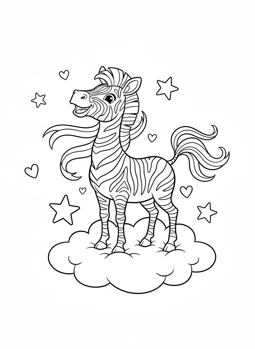 Joyful Rainbow Zebra on a Cloud Coloring Page