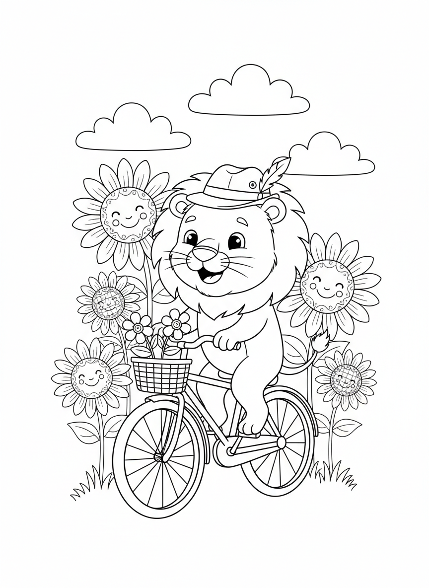 騎自行車穿梭向日葵田的獅子