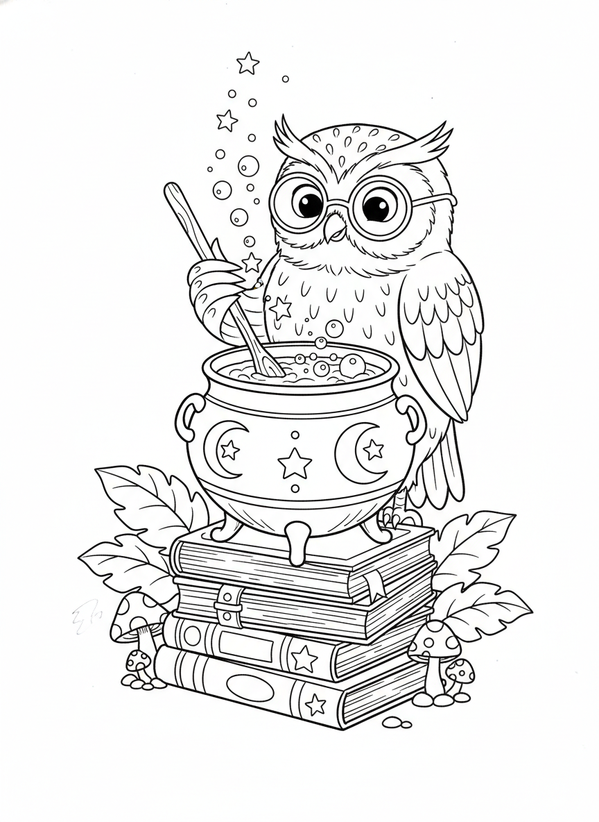 Magical Owl Potion Coloring Page for Kids