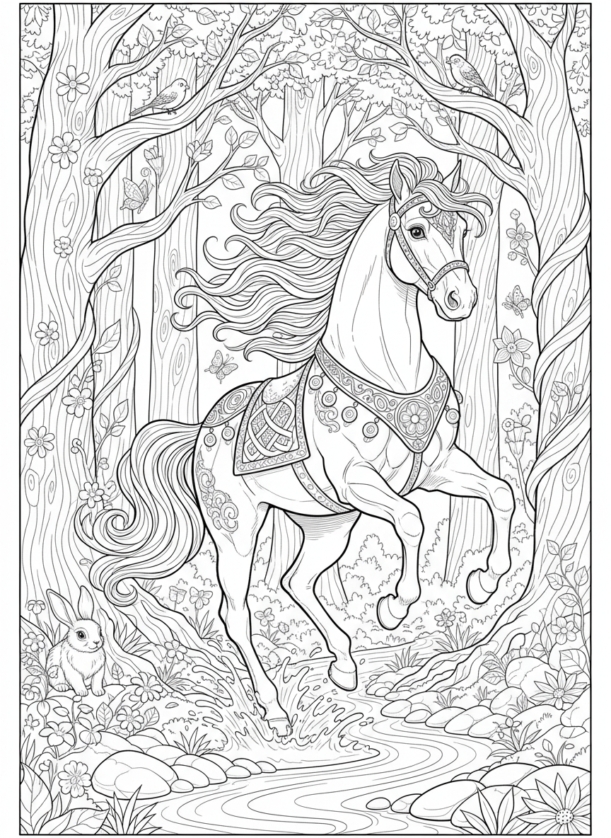 Majestic Galloping Horse in Enchanted Forest Coloring Page for Kids