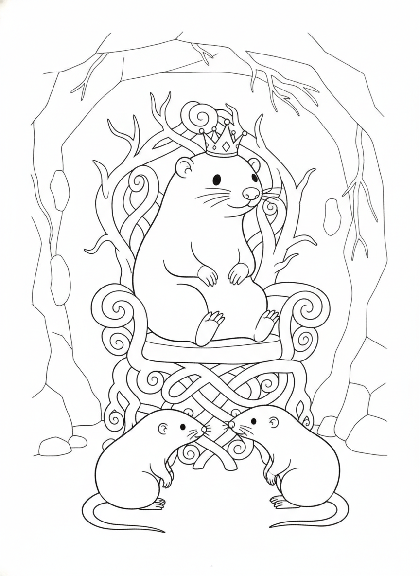 Majestic Naked Mole-Rat Queen & Her Loyal Workers Coloring Page for Kids