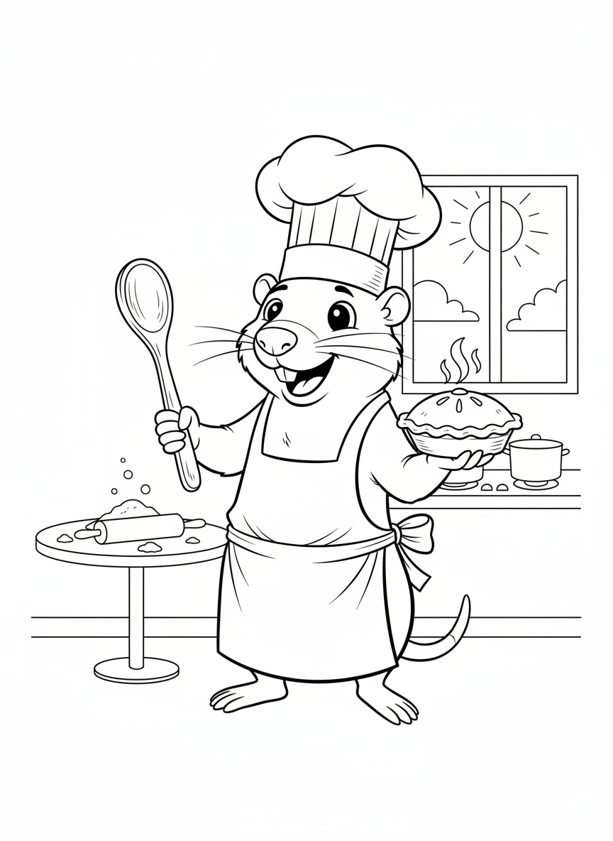 Naked Mole Rat Chef Baking Coloring Page