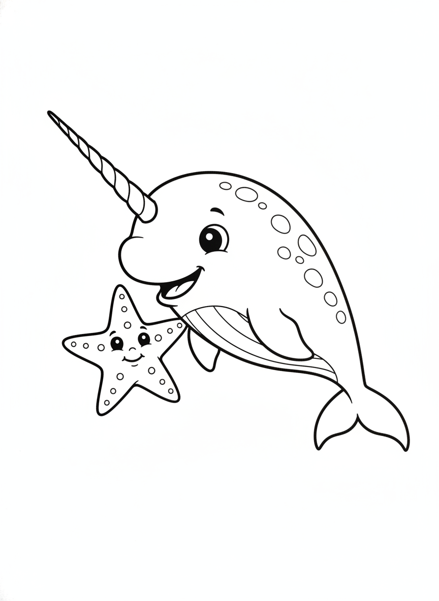 Narwhal & Starfish Ocean Friends Coloring Page for Kids