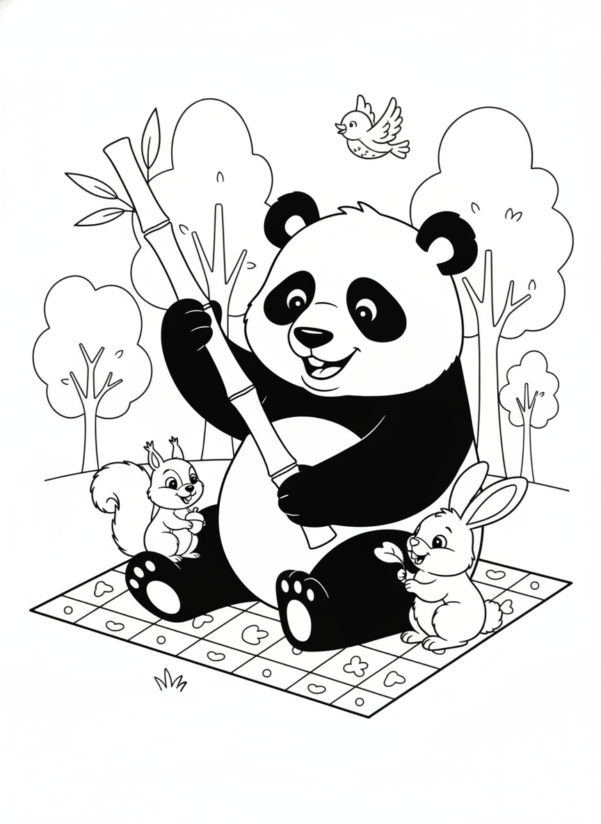 Panda & Friends Picnic Coloring Page for Kids