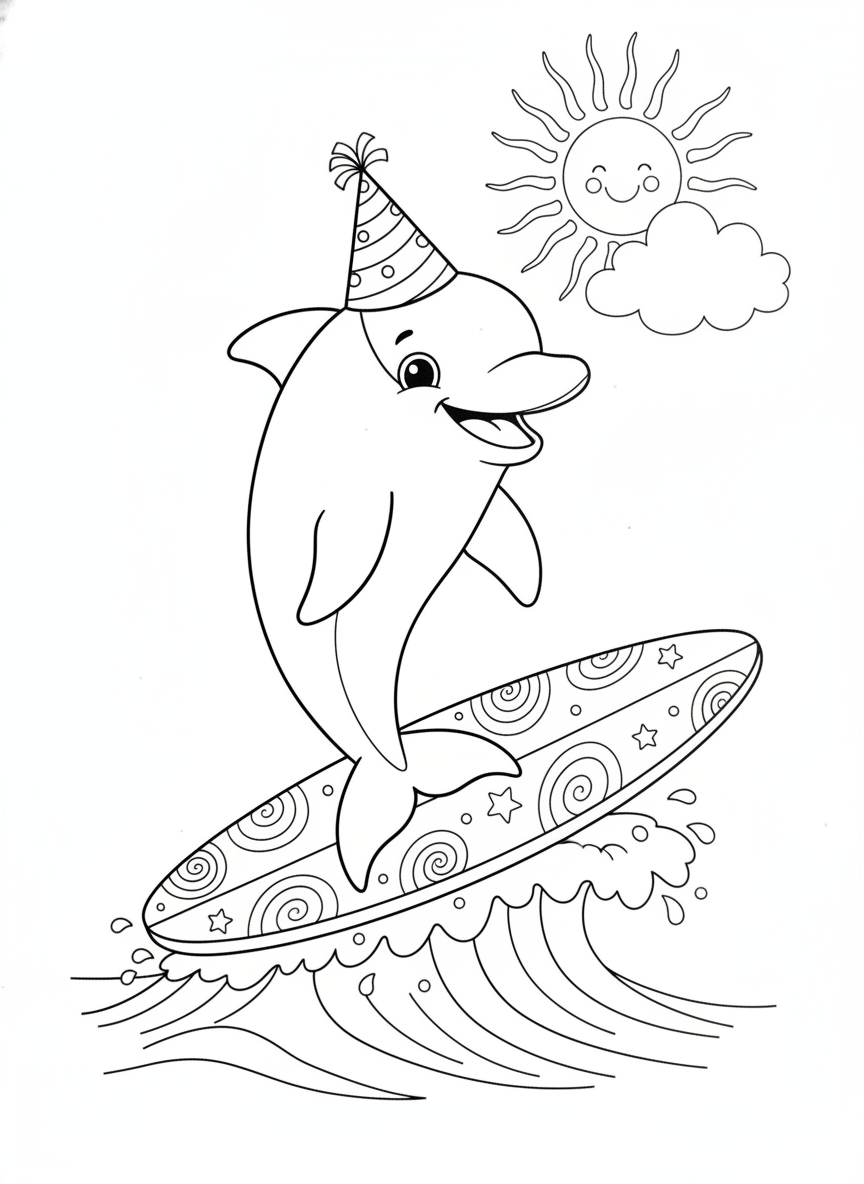 Party Dolphin Surfing Fun Coloring Page