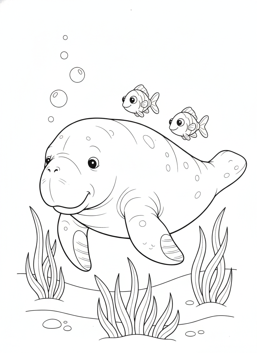 Peaceful Manatee Ocean Scene Coloring Page for Kids