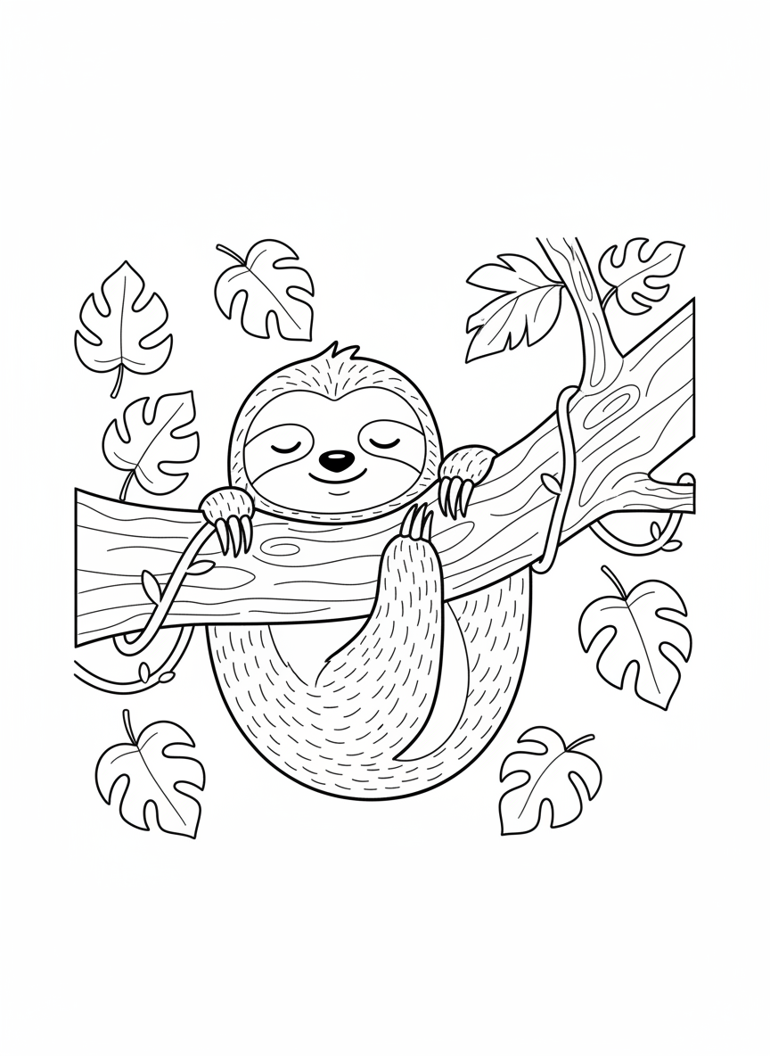 Peaceful Sleeping Sloth: Kids' Jungle Coloring Page