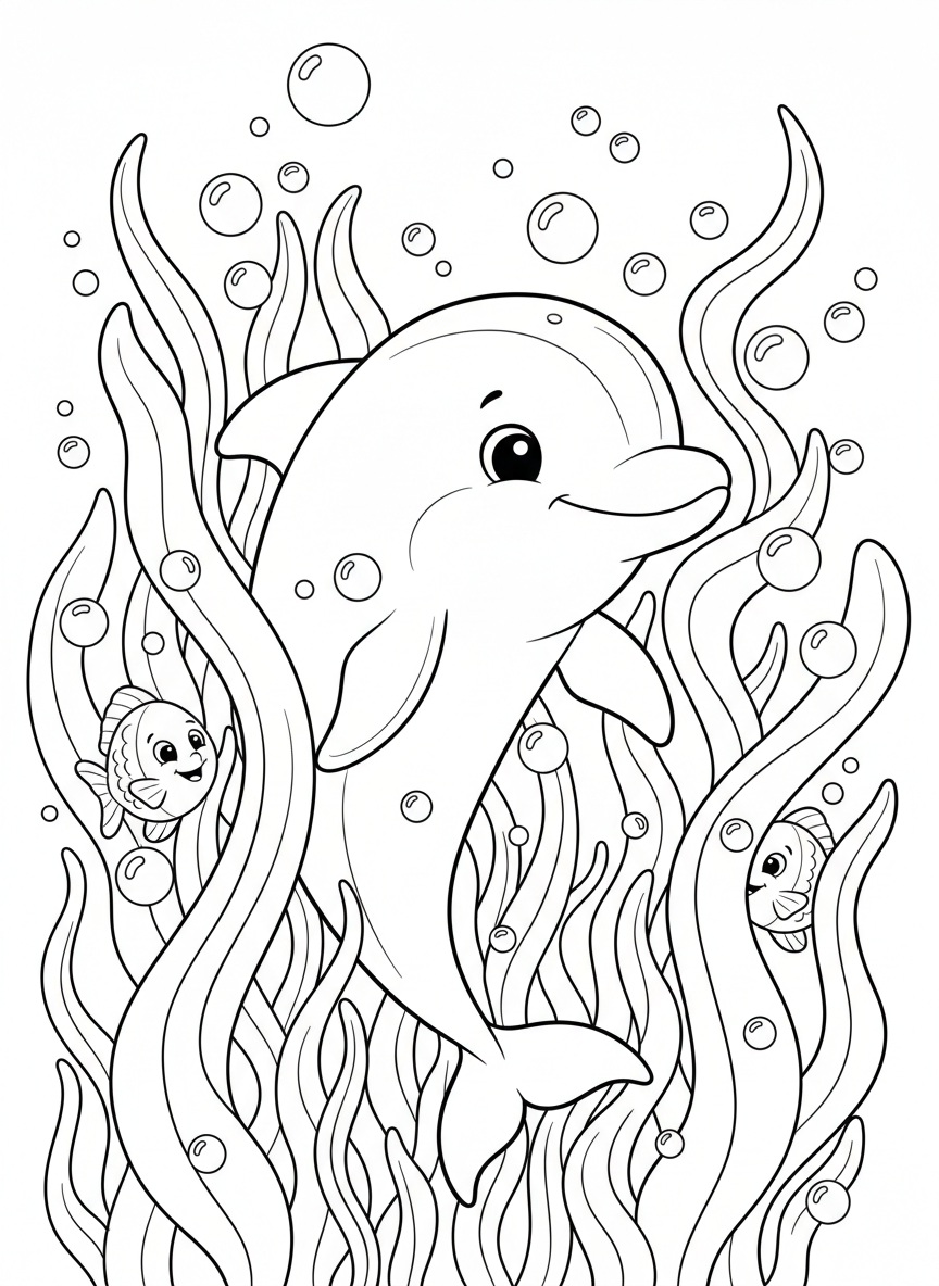 Playful Baby Dolphin in Kelp Forest Coloring Page