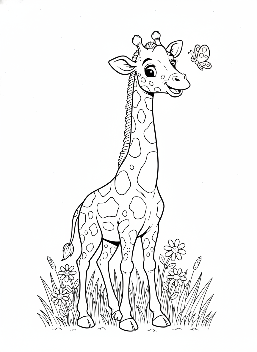 Playful Baby Giraffe & Butterfly Coloring Page for Kids