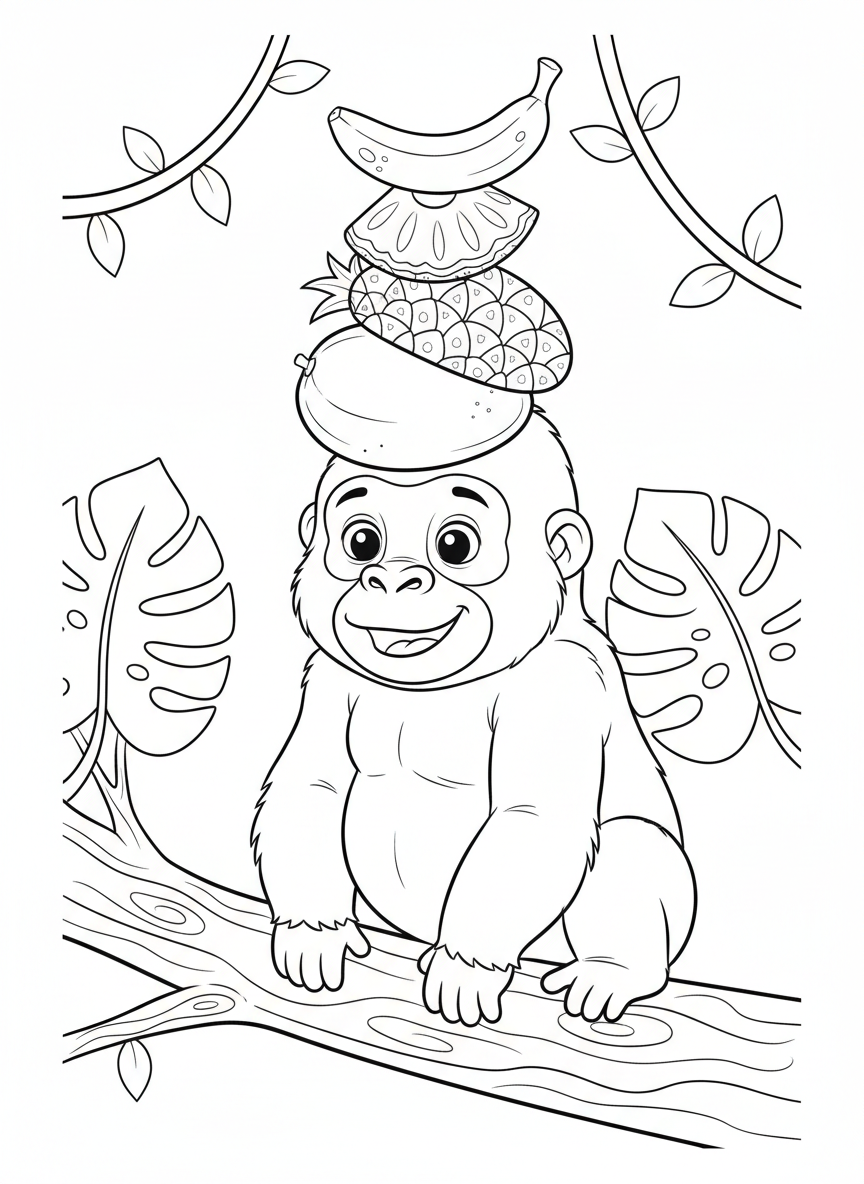 Playful Baby Gorilla Balancing Fruit Coloring Page