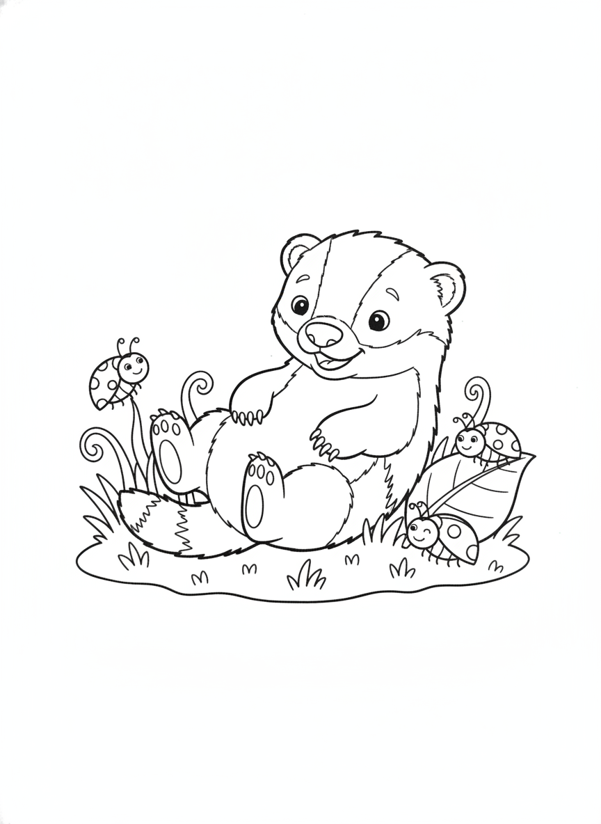 Playful Baby Honey Badger Rolling in Grass Coloring Page