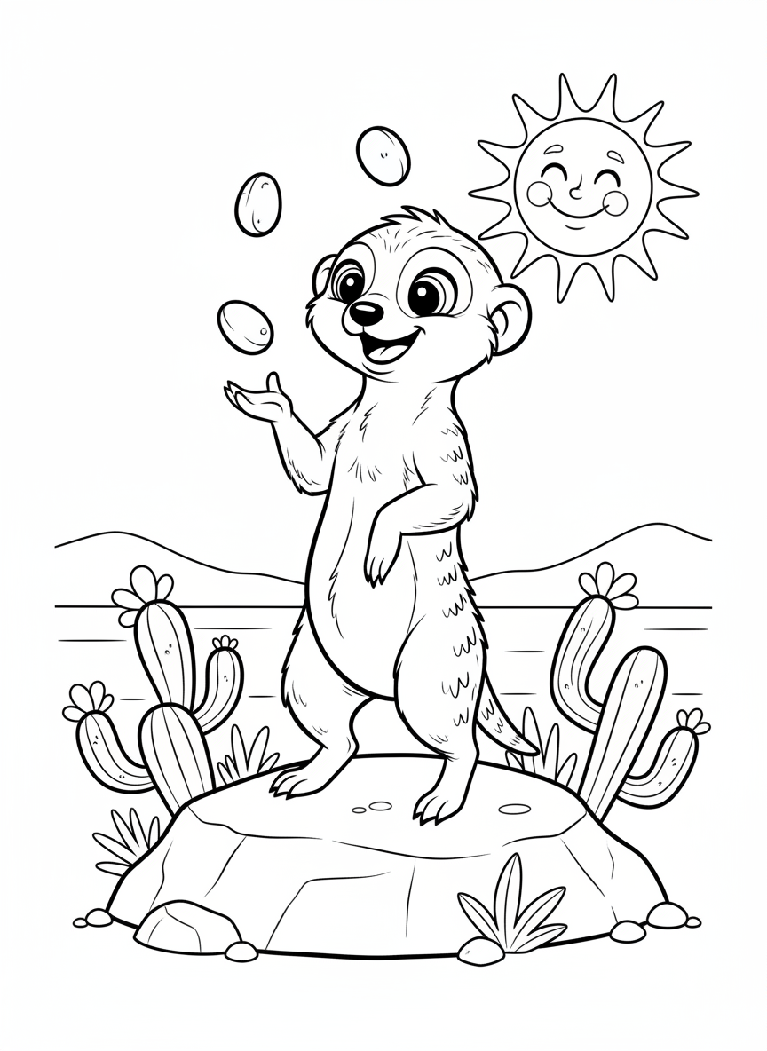 Playful Baby Meerkat Juggling Fun Coloring Page