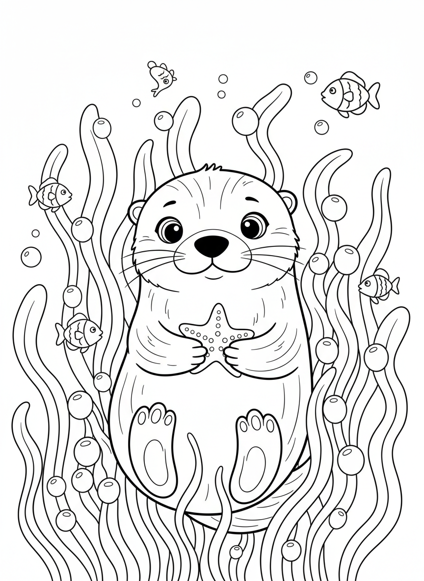 Playful Baby Otter in Kelp Forest Coloring Page