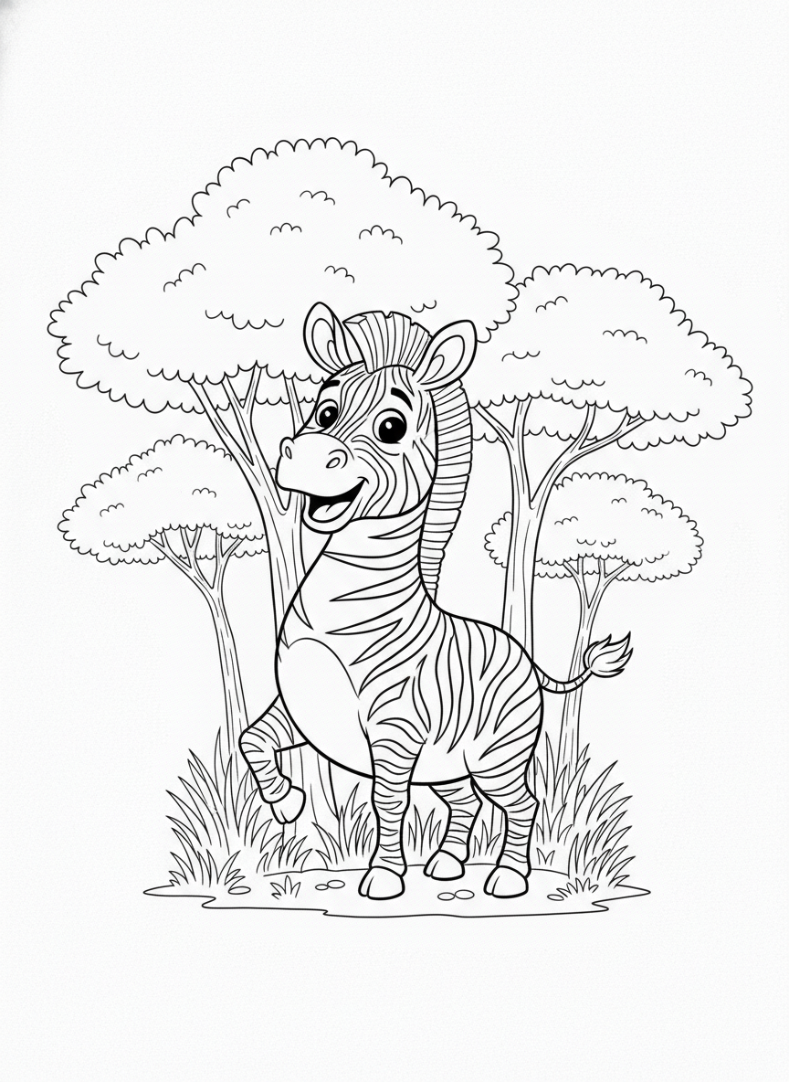 Playful Cartoon Zebra in Savanna Coloring Page for Kids