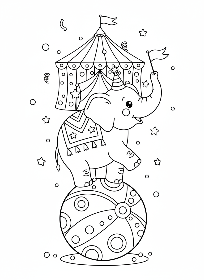 Playful Circus Elephant Balancing Act Coloring Page