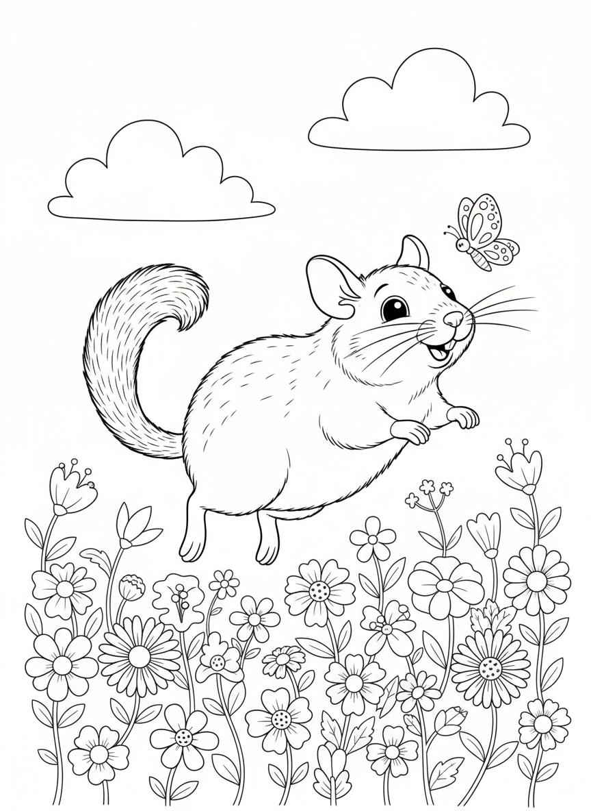 Playful Degu in Wildflowers Coloring Page