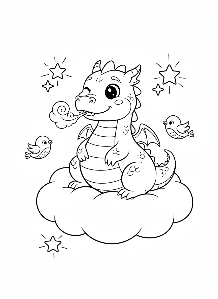 Playful Dragon on Cloud Coloring Page for Kids
